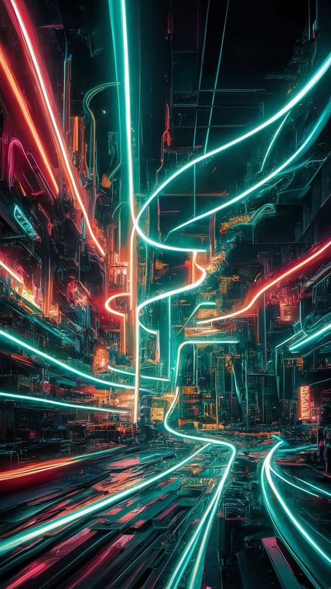 Immerse yourself in a vibrant urban landscape with our mesmerizing neon lights wallpaper. This design beautifully combines Art Deco elegance with surreal floating forms and cyberpunk aesthetics. Experience the brilliance of color and bold strokes that evoke abstract expressionism, inviting you to explore a world alive with energy. Perfect for setting a dynamic mood in any space! #NeonLights #UrbanArt #WallpaperDesign #Cyberpunk #ArtDeco Cyberpunk Moodboard Aesthetic, Neon Lights Wallpaper, Futuristic Garden, Cyberpunk Aesthetics, Neon Light Wallpaper, Lights Wallpaper, Neon Cyberpunk, Neon Light Art, Latest Technology Gadgets