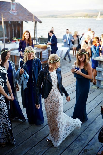 This Is The Most Dreamy Boathouse Wedding You've Ever Seen #refinery29  http://www.refinery29.com/inverness-wedding#slide-9  A candid moment with pals. Biker Wedding, Boathouse Wedding, Sheath Wedding Dress Lace, Rock Wedding, Wedding Jacket, Wedding Crown, Wedding Trends, Delaware, Wedding Bells