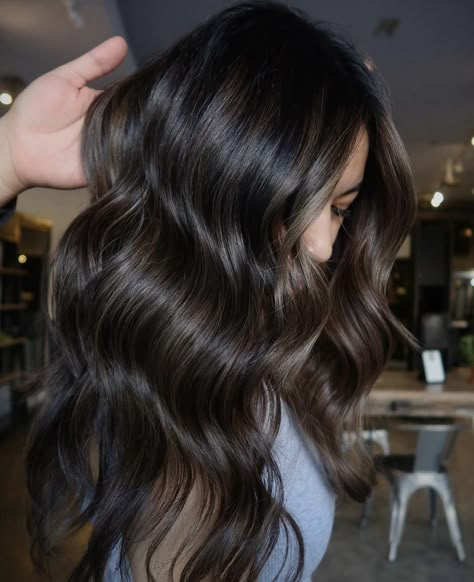 Soft Black Balayage, Dark Highlights On Dark Brown Hair, Black Hair With Burgundy Highlights, Dark Brown Dimensional Hair, Dark Brown Bayalage Hair, Dark Brown Hair Balayage Summer, Bayalage On Black Hair, Chocolate Brown Balayage On Black Hair, Cool Brunette Balayage