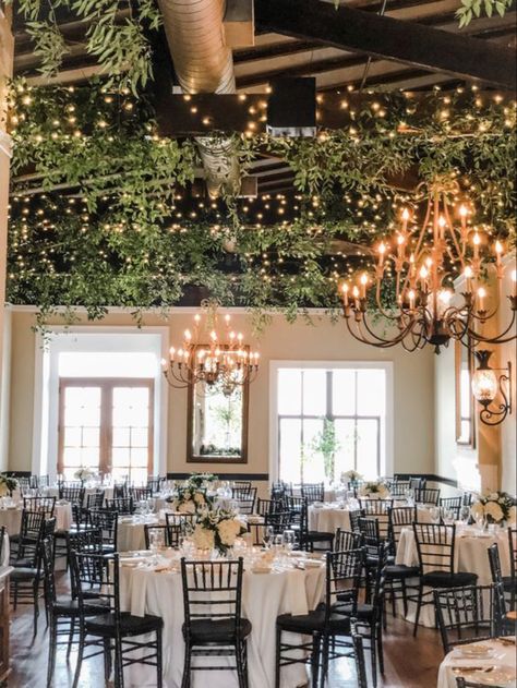 Wedding Ceiling Decorations Greenery, Wedding Ceiling Lights And Greenery, Greenery And Lights Ceiling Wedding, Greenery Lights Wedding, Greenery And Fairy Lights Wedding, Greenery And Twinkle Lights Wedding, Hanging Lights With Greenery, Beam Decoration Ideas Wedding, Greenery With Fairy Lights