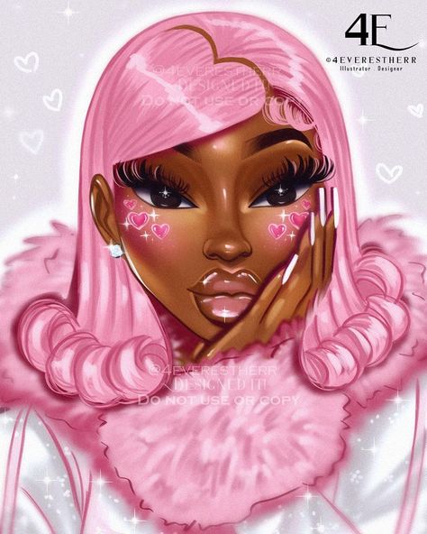 Black People Drawings, Pink Drawings, Melanin Art, Pink Drawing, Black Art Painting, Dope Cartoon Art, Black Artwork, Black Cartoon, Black Art Pictures