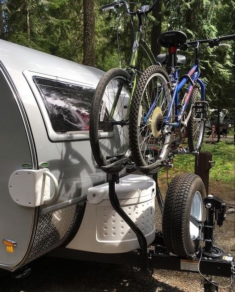 Here is my solution to the bike rack/spare tire dilemma.  Thanks to @jason330i for the idea that I simply copied! (Image) Rv Bike Rack, Teardrop Trailer Camping, Retro Travel Trailers, Diy Bike Rack, Boler Trailer, Camping Trailer Diy, Teardrop Camping, Pickup Camper, Small Travel Trailers