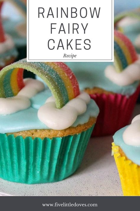 Rainbow Fairy Cakes - Pinterest Fail! | This is a super tasty recipe for a plain vanilla fairy cake with a cloud and rainbow decoration. Perfect for birthdays, parties or even a baby shower. This post is how I got on baking with children - it was a bit of a pinterest fail but they still taste delicious! www.fivelittledoves.com Baking With Children, Cake Fail, Cloud And Rainbow, Cake Fails, Pinterest Fail, Rainbow Fairy, Baking Crafts, Fairy Cake, Fairy Cakes