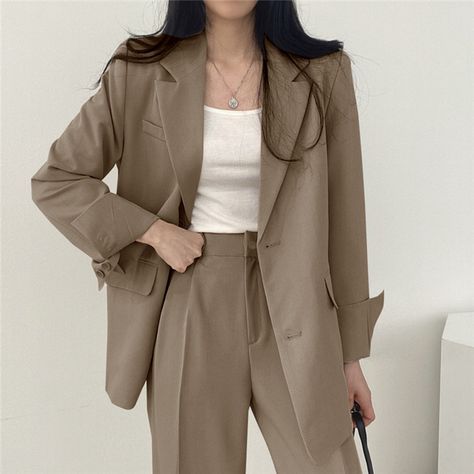 2023 Woman Blazer Jacket Long Pants Trousers Women Set Pink Suits Office Korean Two-Piece Single Suit Pocket, Khaki Tops, Women Blazers, Fly Outfit, Stand Collar Jackets, Colored Pants, Khaki Color, Suits Coats, Jacket Design