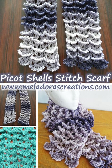 Picot Shell Stitch Scarf - Free Pattern and Video tutorials - By Meladora's Creations Shell Shawl Crochet Pattern, Beautiful Shells Crochet Pattern, Easy Crochet Shell Stitch Scarf, Crochet Scarf Shell Pattern, Beautiful Shells Crochet Blanket, Picot Crochet, Shell Stitch, Mode Crochet, Scarf Crochet Pattern