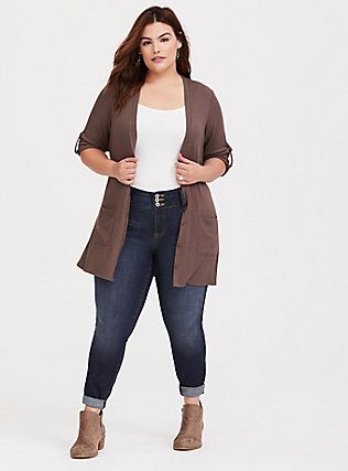 Plus Size Taupe Longline Ribbed Cardigan, Spring Fasion, Fluffy Fashion, Mushroom Color, Indie Dresses, Womens Winter Fashion Outfits, Casual Summer Outfits For Women, Look Plus Size, Ribbed Cardigan, Curvy Outfits