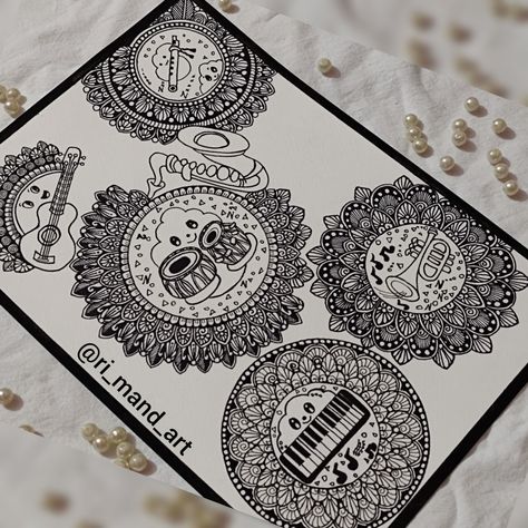 Musical doodle mandala Music Mandala Art, Indian Musical Instruments, Musical Instruments Drawing, Music Doodle, Sketch Images, Fabric Guide, Easy Mandala, Easy Mandala Drawing, Pencil Sketch Images