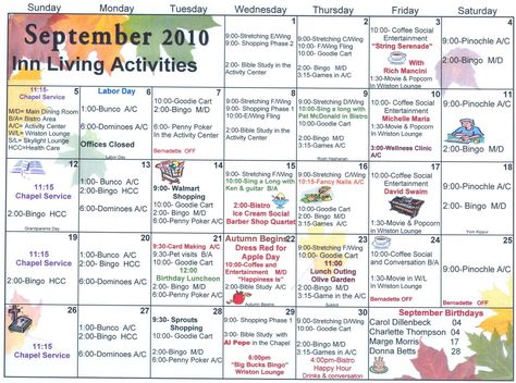 Independent and Assisted Living Activity Calendar   Click on Calendar to Enlarge Senior Center Activities, Assisted Living Activities, Senior Citizen Activities, Memory Care Activities, Senior Living Activities, September Activities, Nursing Home Activities, Daily Schedule Template, Monthly Activities