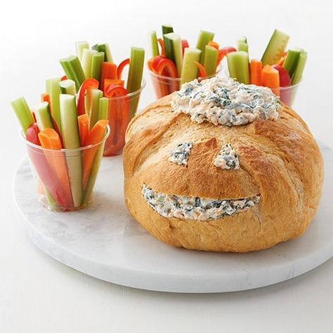 Jack-o'-Lantern Spinach Dip Bread Bowl - Kroger Spinach Dip Bread, Dip Bread Bowl, Spinach Dip Bread Bowl, Bread Bowl Recipe, Halloween Food Appetizers, Halloween Foods, Easy Halloween Food, Halloween Food Treats, Bread Bowl