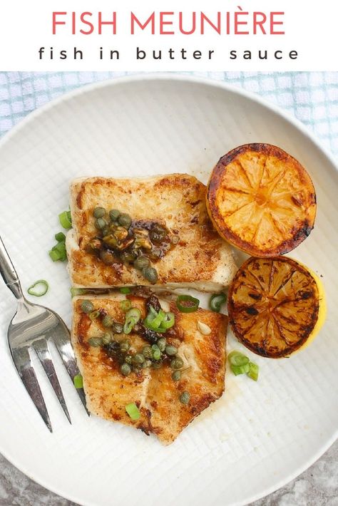 Julia Child made this classic French dish famous with her Sole Meuni�re.  This easy Fish Meuni�re is seared in butter and oil, and served with a lemon-butter sauce. #frenchfood #juliachild #seafood #sole #halibut #cod via @champagneta0249 Fish French Recipes, French Style Fish Recipe, Fish Francese Recipe, Grilled Fish With Lemon Butter Sauce, White Wine Lemon Butter Sauce Fish, Seared Fish, Night Recipes, Classic French Dishes, Lemon Butter Sauce