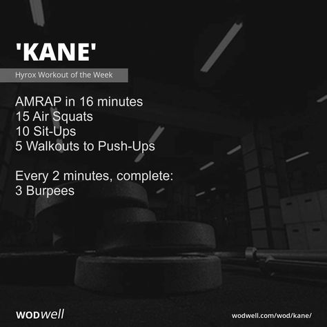 "Kane" Workout, | WODwell - AMRAP in 16 minutes; 15 Air Squats; 10 Sit-Ups; 5 Walkouts to Push-Ups; Every 2 minutes, complete:; 3 Burpees 10 Minute Amrap Workout, Hyrox Training, Hyrox Workout, Crossfit Workouts For Beginners, Body Weight Workout Plan, Hiit Workout Routine, Crossfit Workouts Wod, Amrap Workout, Crossfit Workouts At Home