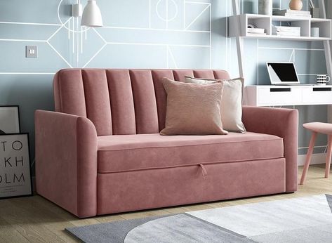 Sofa Bed Study Room, Blush Sofa Bed, Pastel Bed Frame, Cute Small Couches For Bedrooms, 2 Seater Sofa Bed, Cute Sofa Bed, Aesthetic Sofa Bed, Pink Couch Aesthetic, Sofa In Bedroom