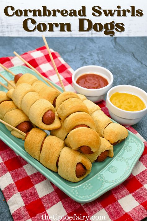 Do you want a new twist on the traditional corn dog? With cornbread swirls you can make homemade Cornbread Swirls Corn Dogs easily. Pillsbury Corn Dog Wraps, Cornbread Swirl Recipes, Waffle Corn Dogs, Corn Dogs With Jiffy Cornbread, Pillsbury Cornbread Swirls Recipes, Cornbread Hot Dogs, Cornbread Hotdogs, Corn Dogs Homemade, Hot Dog Wraps