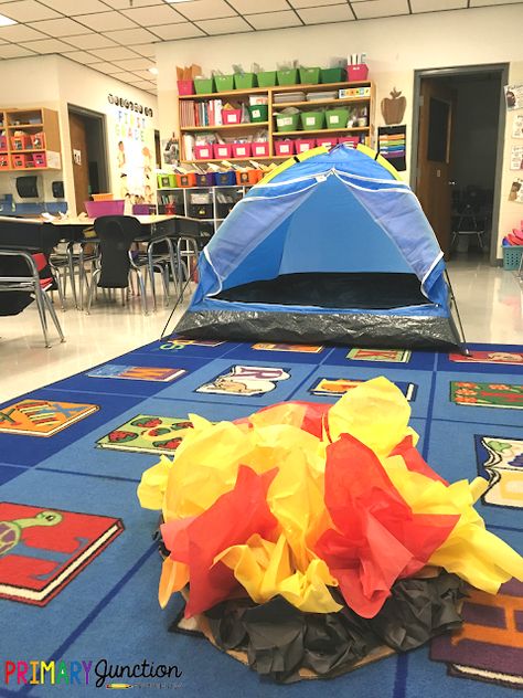 School Camping Theme Ideas, School Camping Day, Classroom Campout Day, Camp Read A Lot Decorations, Camp Classroom Transformation, Camping Room Transformation, Camp Day At School, Camping Day At School, Camp Learned A Lot