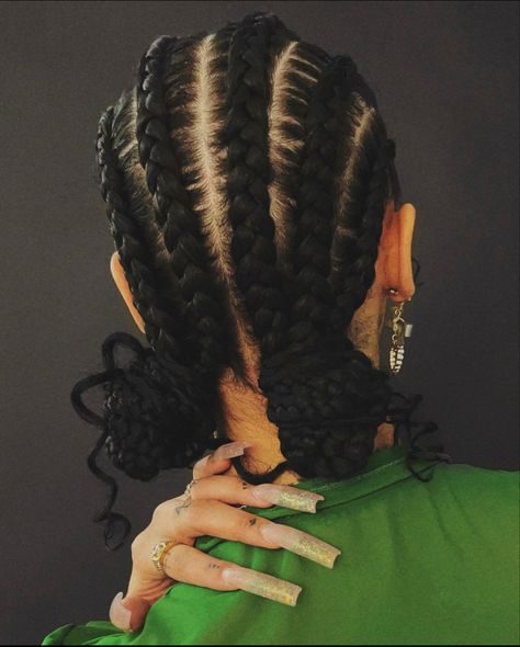 Low Bun Cornrow Hairstyles, Two Braids With Buns At The End, Two Braids Going Back, Pigtail Cornrows, Cornrows Black Woman, Cornrow Hairstyles Bun, 5 Cornrows Braids, Braided Hairstyles Blonde Hair, Natural Hairstyles Cornrows