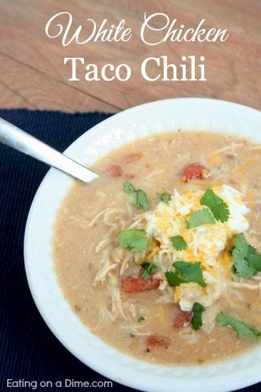 White Chicken Taco Chili Soup Recipe - Eating on a Dime White Taco Soup, Taco Chilli, Chili Taco, Taco Chili Recipe, Chicken Taco Chili, Chili Crockpot, Taco Chili, Recipe Crockpot, Eating On A Dime