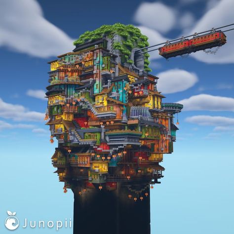 Minecraft build with colorful stacked Japanese buildings inspired by Spirited Away. Has a floating train entering the retreat coming from the right hand side Steampunk Japanese, Cyberpunk Minecraft, Japanese Steampunk, Japanese Minecraft Builds, Minecraft Exterior, Minecraft Japanese, Minecraft Steampunk, Minecraft Things, Minecraft Structures