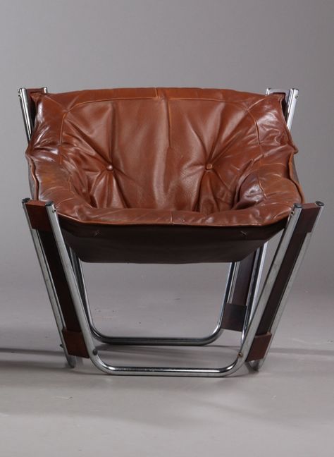 Anonymous; Leather, Chromed Metal and Rosewood Sling Chair, c1970. Leather And Wood Chair, Mid Century Lounge Chairs, Leather And Wood, Aesthetic Rooms, Sling Chair, Have Metal, Metal Chairs, Menu Furniture, Wood Chair