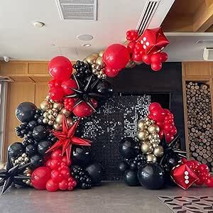 Casino Theme Party Decorations, 135PCS Red Black and Gold Balloon Arch Kit with Star Burst Dice Foil Balloons for Las Vegas Night Hollywood Theme Party Decorations Black And Gold Balloon Arch, Hollywood Theme Party Decorations, Casino Theme Party, Gold Balloon Arch, Hollywood Party Theme, Black And Gold Balloons, Casino Theme Party Decorations, Vegas Night, Balloon Arch Kit