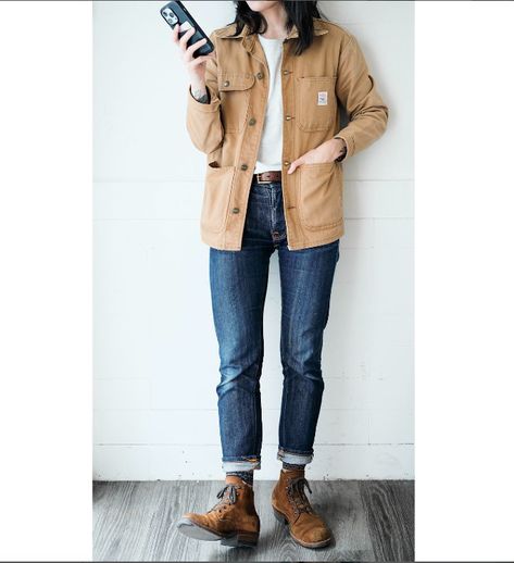 Chore coat and boots outfit Khaki Chore Jacket Outfit, Chore Coat Outfit Women, Chore Jacket Outfit Women, Coat And Boots Outfit, Chore Coat Outfit, Chore Jacket Outfit, October Clothes, Chore Coat Womens, Construction Manager