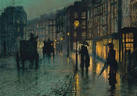 𝙇𝙤𝙩𝙩𝙖 on Twitter: "Night time in paintings… " Rain Paintings, John Atkinson Grimshaw, Atkinson Grimshaw, John William Godward, Scenery Art, Fallen London, English Art, Victorian Art, Night Painting