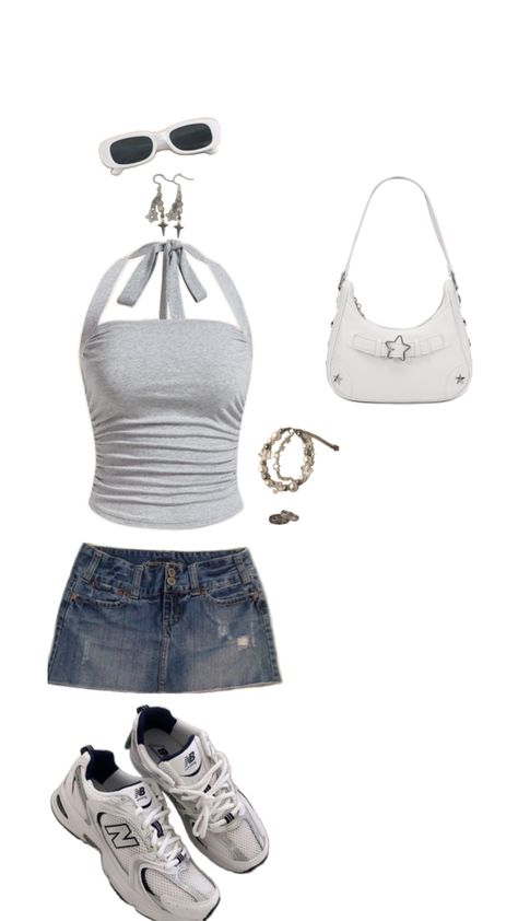 Outfit with denim skirt, halter top, star themes jewelry, white sunglasses, and new balance white sneakers. Basic Summer Outfits, Summer Outfit, Halter Top, Denim Skirt, Summer Outfits, Skirt