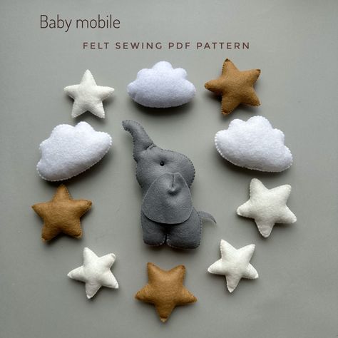 Felt Elephant Pattern, Elephant Baby Mobile, Sew Felt, Elephant Mobile, Stars Baby Mobile, Baby Mobile Felt, Diy Baby Mobile, Felt Sewing, Baby Mobiles