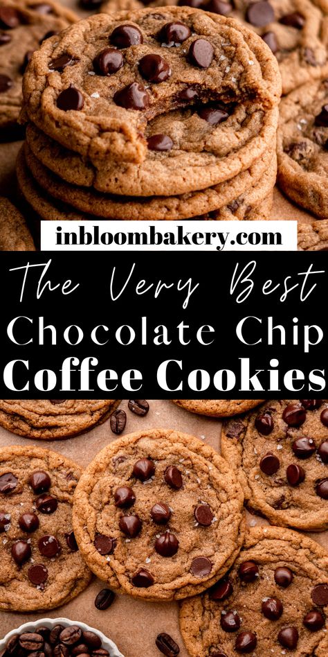 These are the best coffee cookies! They are super chewy, full of coffee flavor and loaded with melty chocolate chips. All coffee lovers will love these cookies! Coffee Chocolate Chip Cookies, Decadent Cookies, Coffee Cookies Recipe, Selling Cookies, Coffee Cake Cookies, In Bloom Bakery, Bloom Bakery, Cookie Coffee, Protection Tattoo