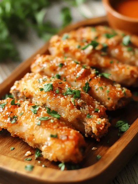 Are you ready to take your chicken wing game to the next level? Meet Spicy Garlic Parmesan Crispy Chicken Wings, the ultimate finger food that's sure to delight your taste buds! Imagine biting into perfectly crispy wings that are bursting with spicy garlic flavor, smothered in a rich Parmesan sauce. Whether you're hosting a game day party or just craving a snack, these wings are a guaranteed crowd-pleaser. Spicy Garlic Wing Sauce, Appetizer Easy, Garlic Wings, Parmesan Chicken Wings, Wings Game, Garlic Parmesan Chicken Wings, Crispy Wings, Crispy Chicken Wings, Parmesan Sauce