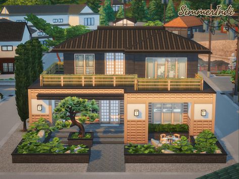 Modern Japanese House Floor Plan, Japanese Inspired House, Japanese Modern Home, Japanese House Modern, Sims 4 Japanese House, Japanese Townhouse, Japanese House Floor Plans, Sims Gallery, Mt Komorebi