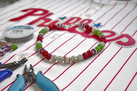 It's baseball fever in the Beadalon office! Baseball Necklace Diy, Baseball Jewelry, Baseball Necklace, Clay Bead Necklace, Diy Necklaces, Baseball Boys, Sports Jewelry, Pave Beads, Bling Necklace