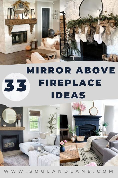 Mirror Over Stone Fireplace, Layer Mirrors On Mantle, Mantle Layering Ideas, Simple Mantel Decorating Ideas Modern, Mirror Above Fireplace Mantle Modern, Simple Mantle Decor Modern, Over Mantel Mirror, Mantel Decor Mirror, Fireplace Mantle Decor Mirror