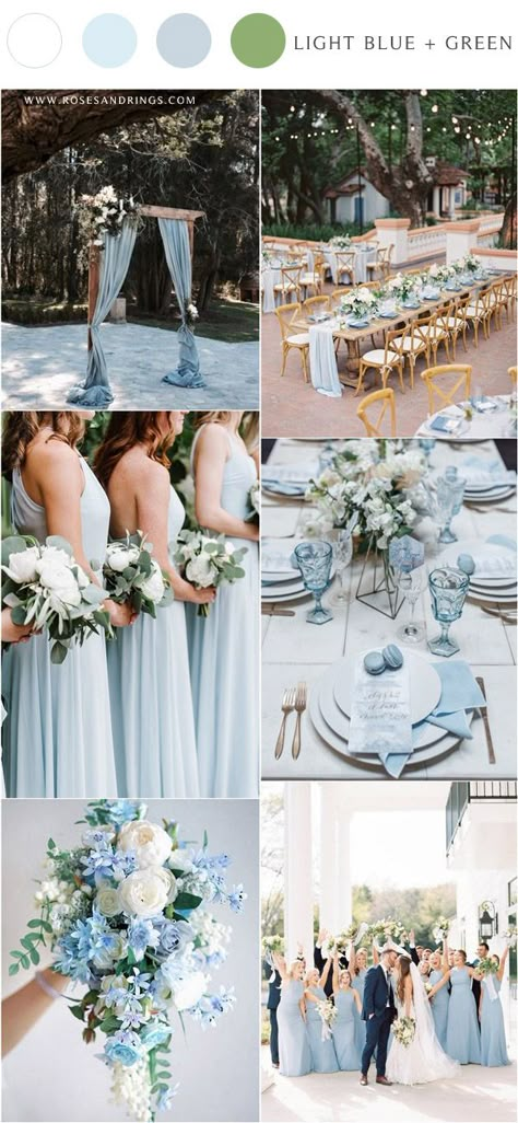 light blue and green spring summer wedding colors Blue And Sage Green Wedding Theme, Garden Wedding Dusty Blue, Pastel Blue And Sage Green Wedding, Light Blue Tropical Wedding, Light Blue And Light Green Wedding, Pastel Blue And Green Wedding, Wedding Light Blue Theme, Blue And White Summer Wedding, Light Blue And Sage Green Wedding