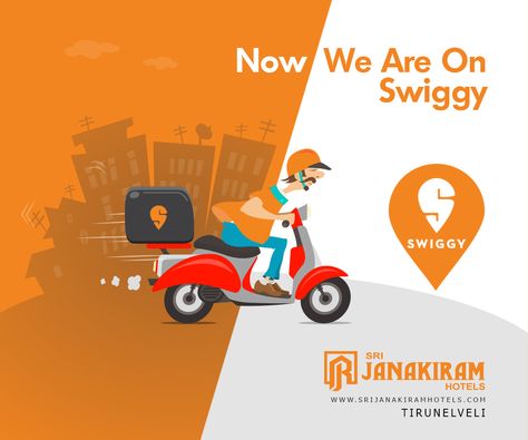 Now you can enjoy your all time favorite Sri Janakiram Hotels food on Swiggy.  #srijanakiram #swiggy #tirunelveli #food #foodie #delivery #homedelivery Swiggy Ad Creative, Swiggy Food Logo, Free Delivery Creative Ads, Food Delivery Ads Creative, Delivery Ads Creative, Food Delivery Ads, Swiggy Food Delivery, Delivery Ads, Free Food Delivery