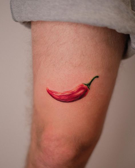 Hot Pepper Tattoo Small, Red Chili Pepper Tattoo, Kitchen Tattoo Ideas, Mise En Place Tattoo, Chilly Tattoo, Hot Pepper Tattoo, Red Pepper Tattoo, Chilli Tattoo, Chili Tattoo