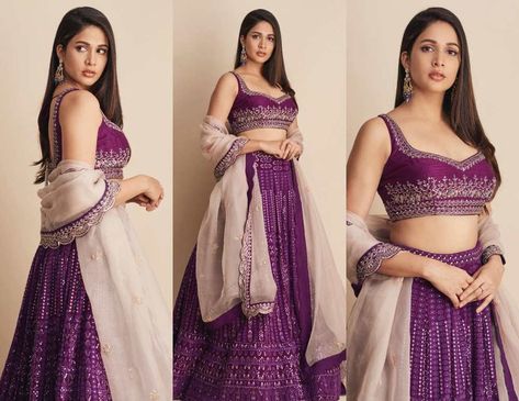 Lavanya Tripathi looks ravishing in a purple chikankari lehenga from Issa Designer Studio! Designer Blouses For Sarees, Latest Silk Saree Blouse Designs, Pattu Blouse Designs, Saree Blouse Embroidery, Bridal Saree Blouse, Shaadi Outfits, Maggam Designs, Purple Lehenga, Chikankari Lehenga