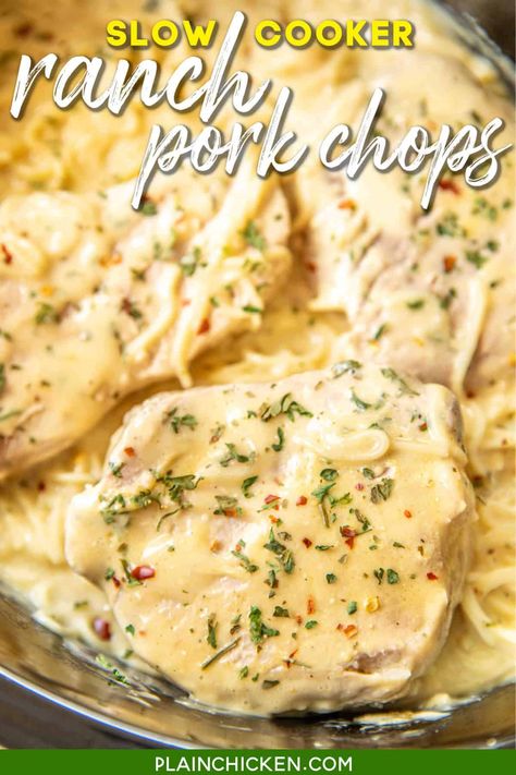 Slow Cooker Ranch Pork Chops - THE BEST pork chops EVER! Everyone cleaned their plate!!! SO tender and full of flavor. Pork chops, Ranch dressing mix, cream cheese, cream of chicken soup and white wine/chicken broth. Serve over angel hair pasta. Make sure to spoon the sauce out of the slow cooker - it is SO good! Boneless Pork Chop Recipes Crockpot Slow Cooker Cream Of Chicken, Best Slow Cooker Pork Chops, Porkchop Crockpot Recipes Slow Cooker, Crockpot Pork Chop Recipes, Ranch Chops, Slow Cooker Ranch Pork Chops, Crock Pot Ranch Pork Chops, Pork Chops Rice, Crockpot Ranch Pork Chops