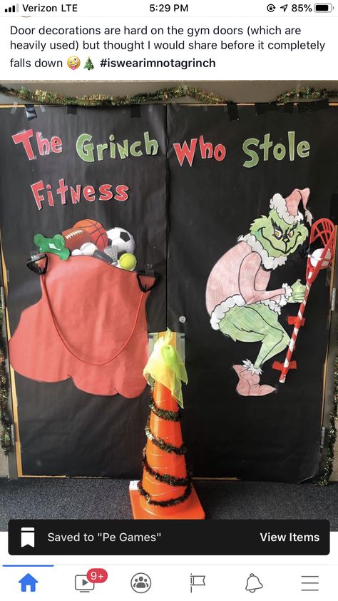 Physical Therapy Christmas Decorations, Pe Christmas Bulletin Boards, Pe Christmas Door Decorations, Pe Teacher Bulletin Boards, Pe Bulletin Boards High School, Pe Door Decorations, Elementary Gym Decorations, Phys Ed Bulletin Boards, Christmas Themed Pe Games