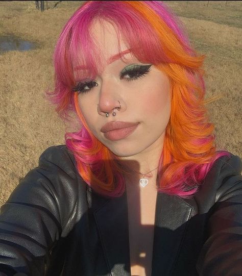 Pink And Red Natural Hair, Pink And Rainbow Hair, Bright Hair Dye Ideas, Pink Multicolor Hair, Orange Hair Dye Ideas, Tip Dyed Hair, Bright Hair Colors Short, Cool Colored Hair, Crazy Hair Dye