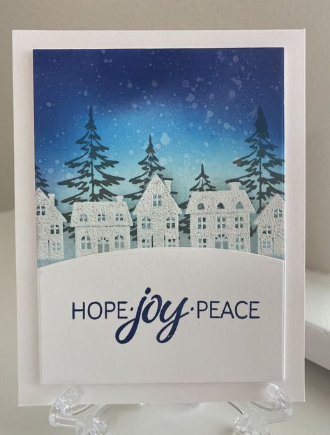 Gina K Designs Winter Whimsy, Gina K Winter Wonderland, Carte Cricut, Christmas Village Card, Die Cut Christmas Cards, Homemade Holiday Cards, Snowman Christmas Cards, Stamped Christmas Cards, Christmas Houses