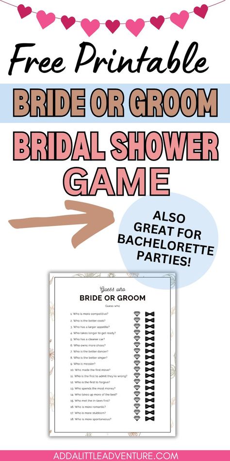 Printable Bride and Groom game questions for a fun bridal shower or bachelorette party. Bride Or Groom Bridal Shower Game, Bridal Shower Games Questions For Groom, Bride And Groom Game Questions, Bride And Groom Question Game Funny, Groom Questions Bridal Shower Game, Bride Groom Question Game, Bridal Shower Quiz, Bride And Groom Game, Quiz The Groom Bachelorette Games