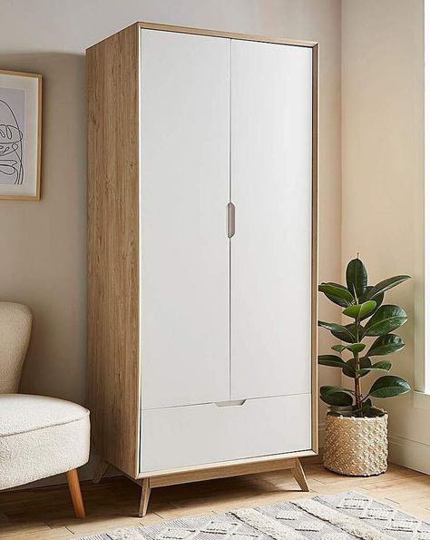 Wardrobe With Drawers Outside, Scandi Bedroom Wardrobe, Wardrobe White And Wood, White And Wood Wardrobe, White And Natural Wood Bedroom, Scandinavian Wardrobe Design, Modern Wood Wardrobe, 3 Door Wardrobe Design, Scandi Wardrobe