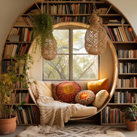 Reading Nook In Bookshelf, Wooden Theme Interior Design, Storybook Interior Design, Apartment Book Nook, Earthy Library, Whimsical Bookshelves, Boho Book Nook, Bohemian Bookshelf, Boho Library