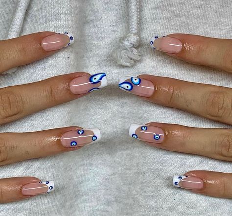 Evil Eye Nails Design, Evil Eye Nails, Eye Nail Art, Hippie Nails, Summery Nails, Simple Acrylic Nails, Vacation Nails, Nagel Inspo, Beauty Nail