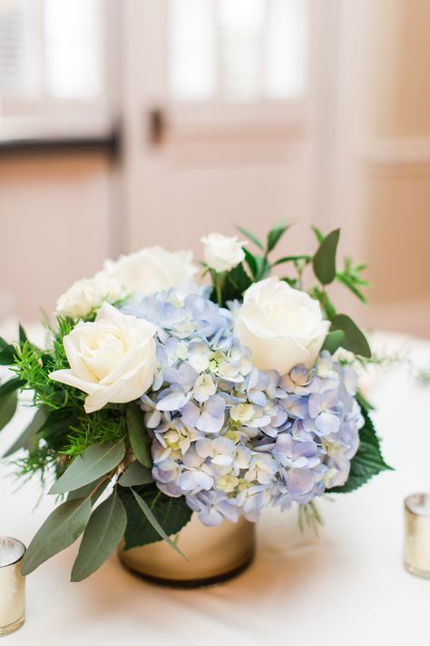 Hydrangeas And Roses Centerpiece, Hydrangea And Roses Arrangements, Blue And White Flowers Centerpieces, Wedding Centerpieces Hydrangea And Roses, Eucalyptus And Hydrangea Centerpieces, Blue Floral Centerpieces Simple, Blue Green Centerpieces, Wedding Table Centerpieces Hydrangea, Hydrangea And Greenery Centerpiece