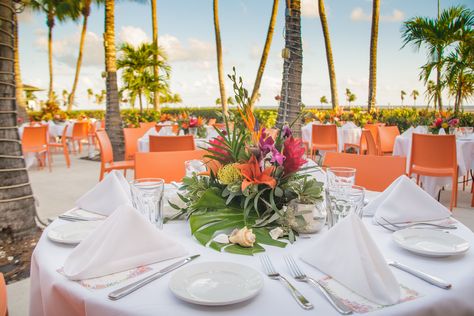 Tropical Wedding Centerpieces, Tropical Centerpieces, Tropical Wedding Theme, Welcome Flowers, Coral Gables Florida, Outdoor Reception, Coral Gables, Color Theme, Centerpiece Bowl