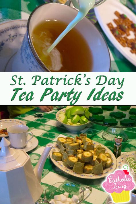 This post about how to have a tea party for St. Patrick's day has so many cute ideas! These are easy to do and fun for kids. Check it out! #stpatrick #saintpatrick #stpatricksday #catholickids #shamrocks #liturgicalliving #domesticchurch #catholicicing St Patricks Day Tea Party, Irish Tea Party Ideas, Irish Tea Sandwiches, St Patricks Tea Party, St Patrick's Day Dinner For Kids, Saint Patrick’s Day Brunch, Irish Tea Party, St Patrick’s Day School Lunch, Irish Brunch