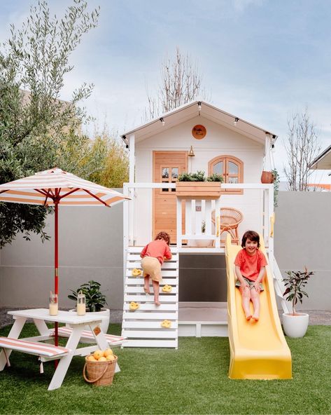 Cubby With Slide, Outdoor Cubby House, Cubby House With Slide, Outdoor Climbing Wall For Kids, Cubby House Ideas Outdoor, Indoor Cubby House, Diy Play House For Kids, Kids Playhouse Outdoors Girls, Outside Kids Play Area