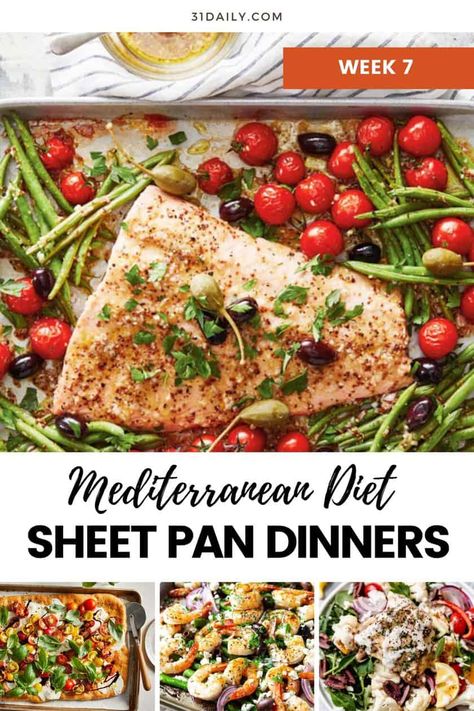 Sheet Pan Mediterranean Diet Dinners: When you ask yourself, "What's for dinner this week?" Look no further than these scrumptious and healthy Mediterranean Diet Dinners, all made on a sheet pan. Easy clean-up, healthy, and simple. It's what's on the menu this week. Pork Chops Mediterranean Diet, Mediterranean Diet Eating Out, Mediterranean Diet Sheet Pan Dinners, Mediterranean Diet Recipes Slow Cooker, Weekly Mediterranean Meal Plan, Liver Diet Recipes Healthy Food, Mediterranean Sheet Pan Recipes, Mediterranean Diet Recipes Meal Plan, Mediterranean Diet Meal Plan For Beginners