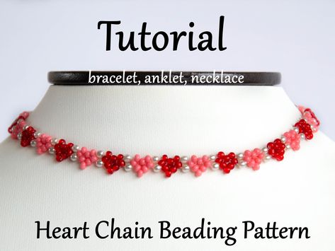 Valentine's Heart Beading Tutorial will teach you how to make a seed bead heart daisy chain bracelet, anklet, or necklace.  This detailed beading pattern will teach you how to make an adorable sweetheart bracelet or anklet, or choker, or necklace as you wish. It is perfect for Valentine's Day - and any day you want to share your heart and spread a little love! In PDF you will find a list of necessary materials, pictures, schemes, and step-by-step detailed instructions for work with pleasure.  Ma Beaded Bracelets Tutorial Heart, Beaded Heart Necklace Pattern, Beaded Heart Bracelet Pattern, Heart Bead Bracelet Pattern, Cute Bead Necklaces Diy, Heart With Beads Tutorial, Seed Bead Heart Bracelet, Seed Bead Heart Pattern Tutorial, Heart Beads Necklace